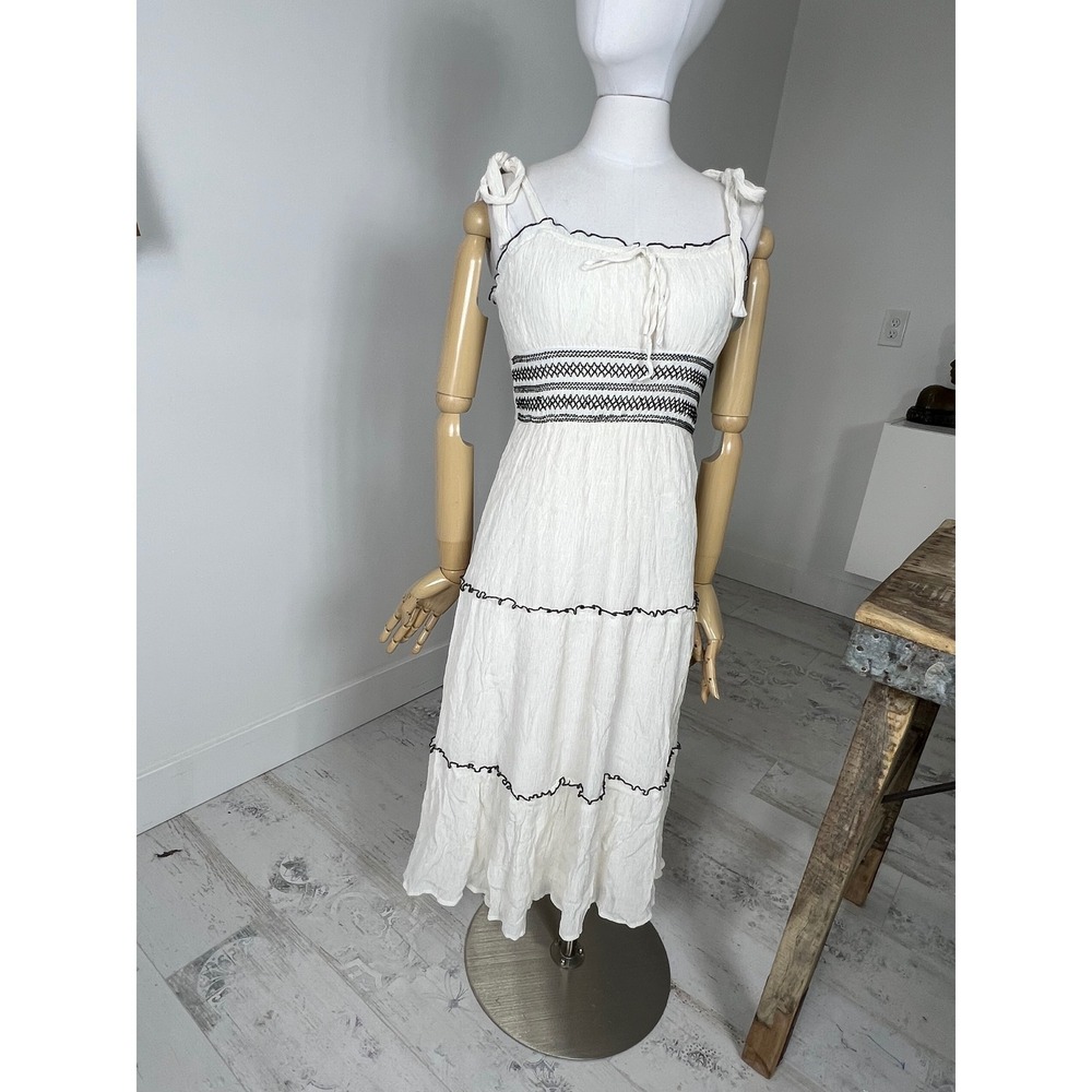 Trixxi Los Angeles White Smocked Tiered Midi Dress Black Contrast Trim Small